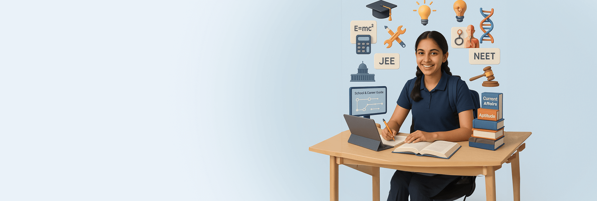 Happy student with tablet and books